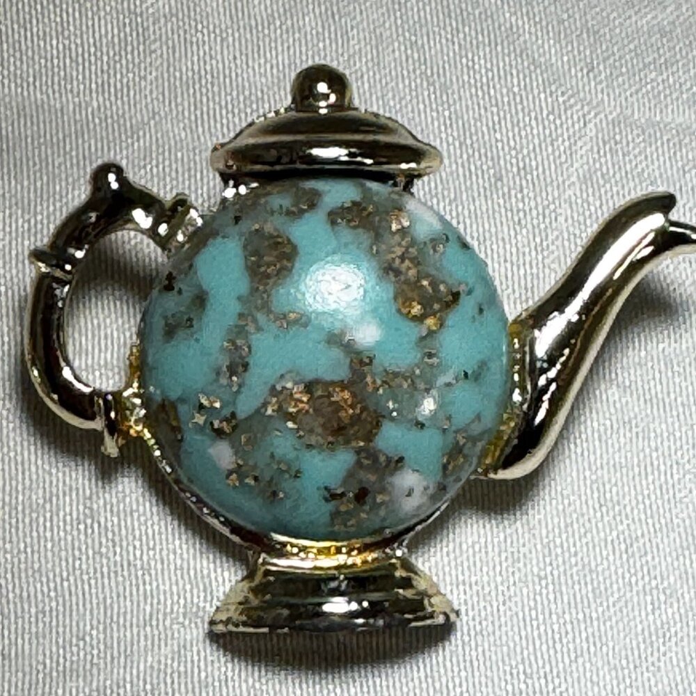 Miniature Turquoise & Gold Teapot Label Brooch Pin Set 2 sizes nice weight